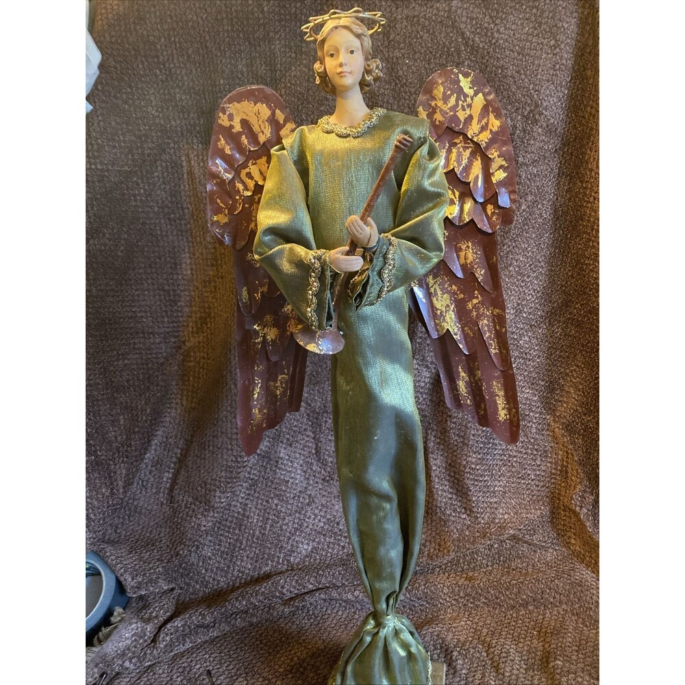 Foreside 24” Tall Skinny Metal and fabric Christmas Angel With Horn